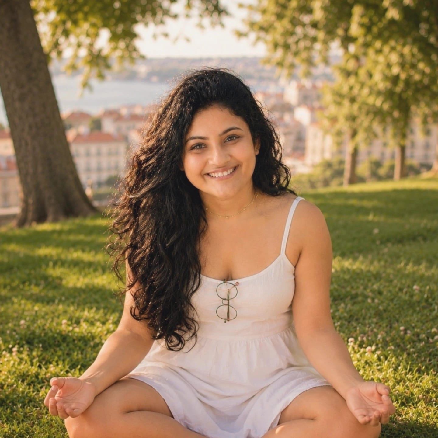 Adhara, founder of Sensorium Meditation, sitting in a meditation pose in a Lisbon park at golden hour