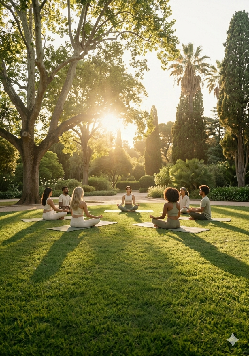A group sitting in a circle meditating together outdoors in a Lisbon park at golden hour