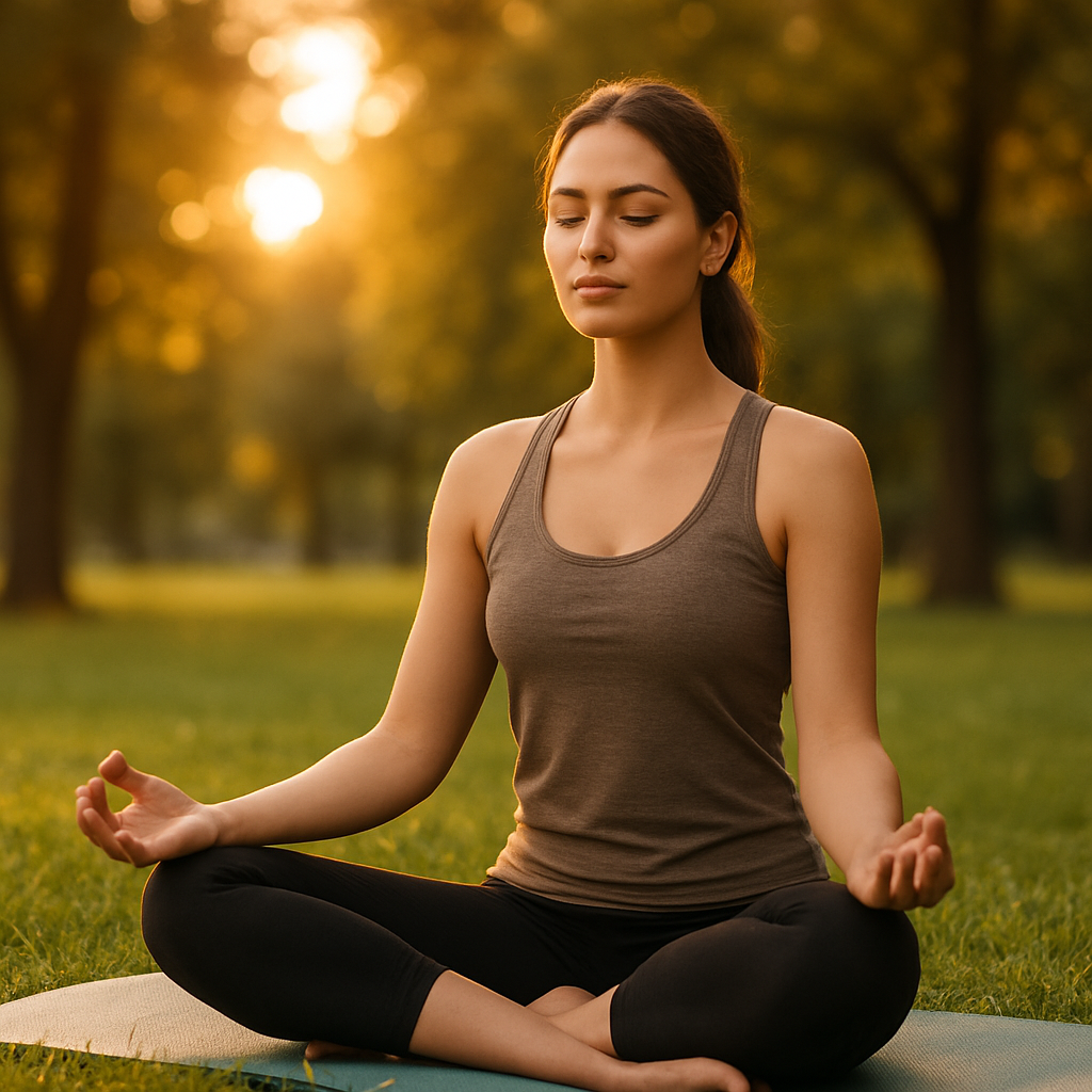 A person sitting peacefully on a yoga mat in a Lisbon park at golden hour