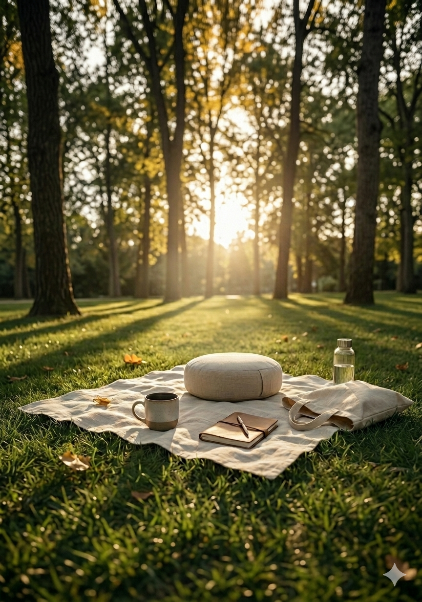 A meditation cushion, journal, mug, and water bottle laid out on a linen blanket in a Lisbon park at golden hour