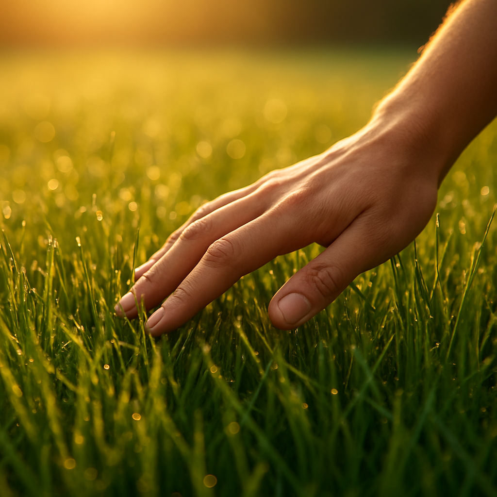 A hand gently resting on fresh green grass in soft golden light